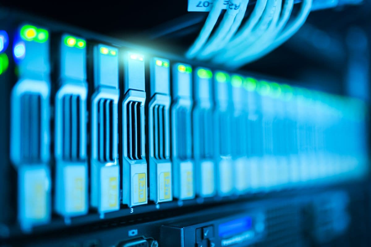 Close-up of illuminated server hardware representing secure, encrypted cloud infrastructure